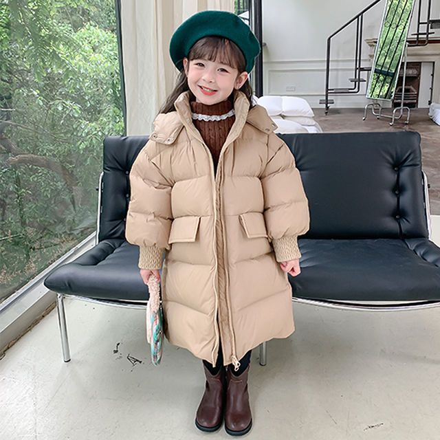 Wholesale warm solid color long jacket wear hooded kids winter down coat