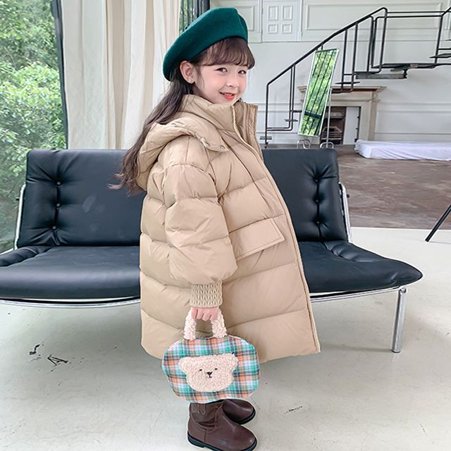 Wholesale warm solid color long jacket wear hooded kids winter down coat