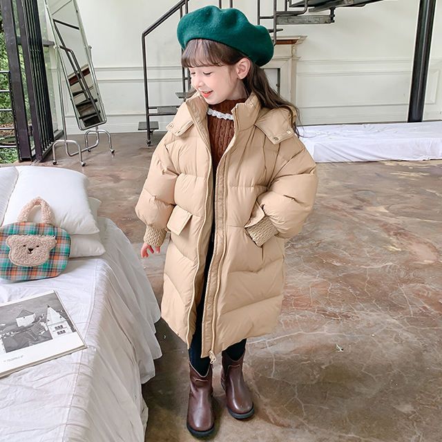 Wholesale warm solid color long jacket wear hooded kids winter down coat