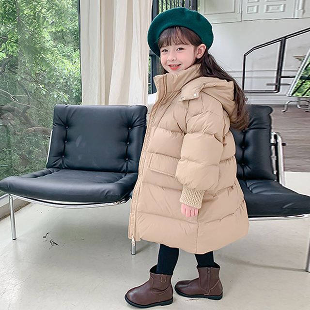 Wholesale warm solid color long jacket wear hooded kids winter down coat