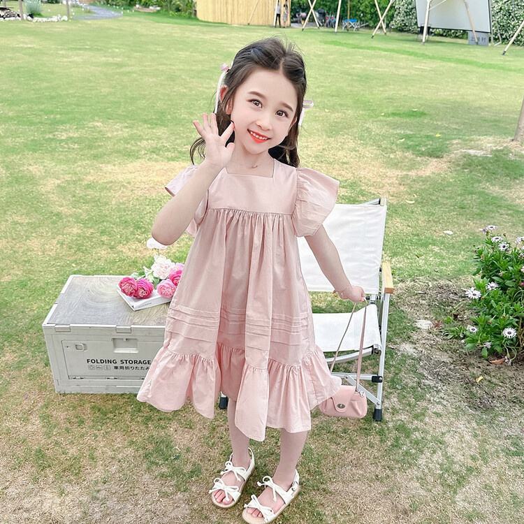 Summer Girls High Quality Solid Dress Custom Children Clothing Wholesale Square Collar Collar Butterfly Sleeve Sleeveless Dress