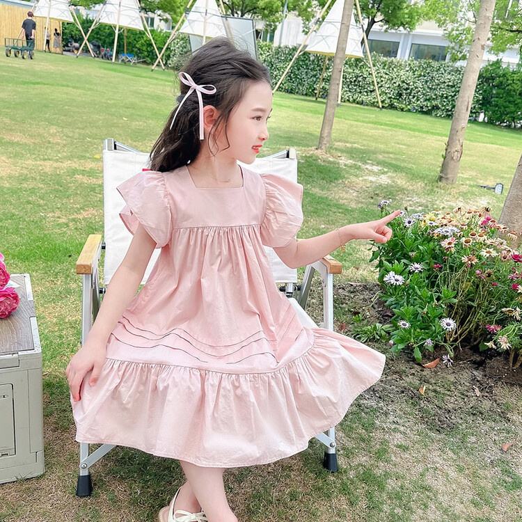 Summer Girls High Quality Solid Dress Custom Children Clothing Wholesale Square Collar Collar Butterfly Sleeve Sleeveless Dress