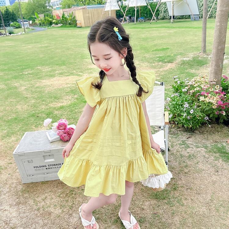 Summer Girls High Quality Solid Dress Custom Children Clothing Wholesale Square Collar Collar Butterfly Sleeve Sleeveless Dress