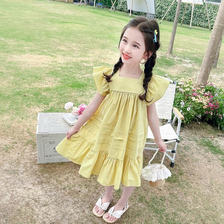 Summer Girls High Quality Solid Dress Custom Children Clothing Wholesale Square Collar Collar Butterfly Sleeve Sleeveless Dress