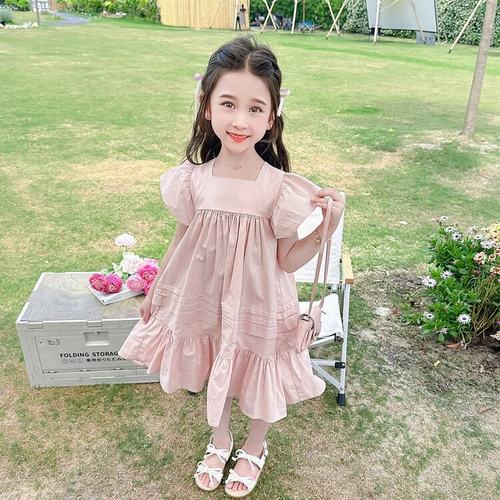 Summer Girls High Quality Solid Dress Custom Children Clothing Wholesale Square Collar Collar Butterfly Sleeve Sleeveless Dress