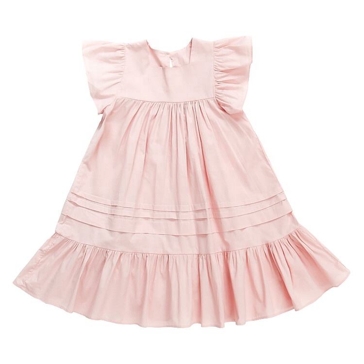 Summer Girls High Quality Solid Dress Custom Children Clothing Wholesale Square Collar Collar Butterfly Sleeve Sleeveless Dress