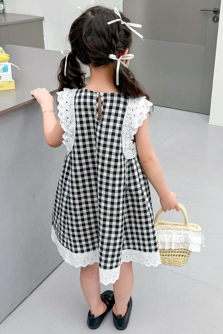 Summer Girls High Quality Black Dress Custom Children Clothing Wholesale O-neck Collar Sleeveless Lace Plaid Dress