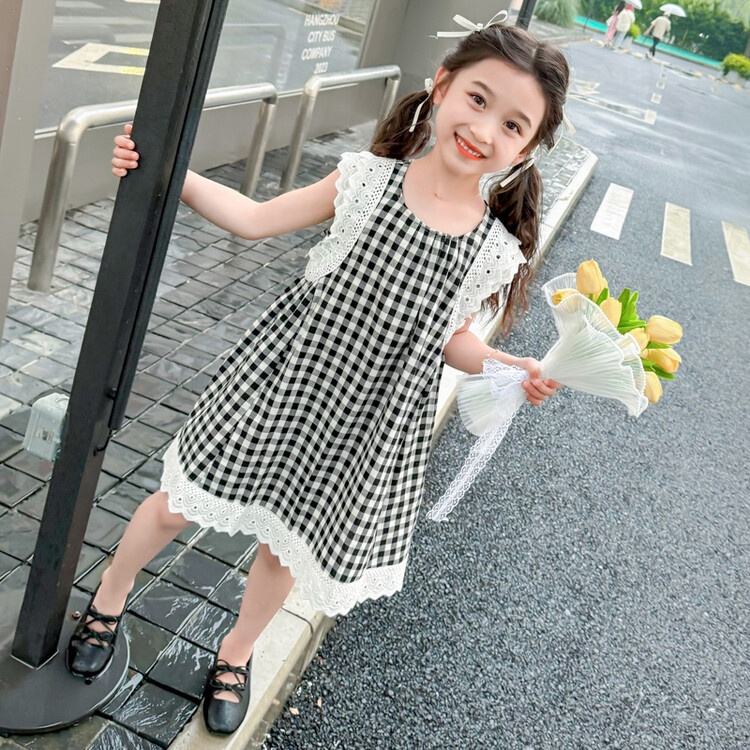 Summer Girls High Quality Black Dress Custom Children Clothing Wholesale O-neck Collar Sleeveless Lace Plaid Dress