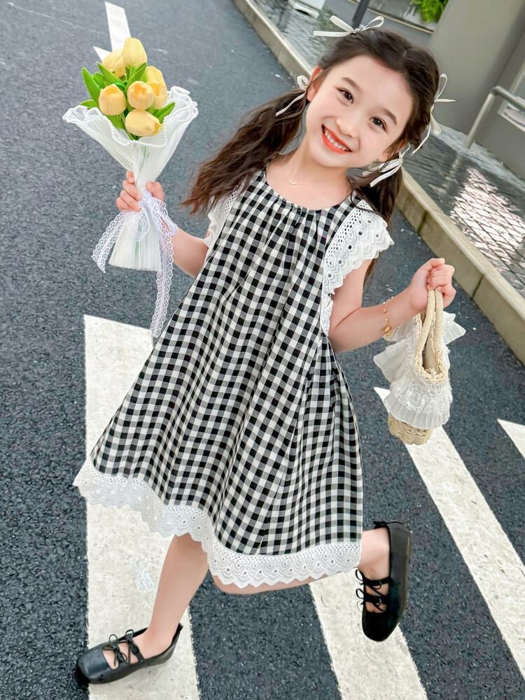 Summer Girls High Quality Black Dress Custom Children Clothing Wholesale O-neck Collar Sleeveless Lace Plaid Dress