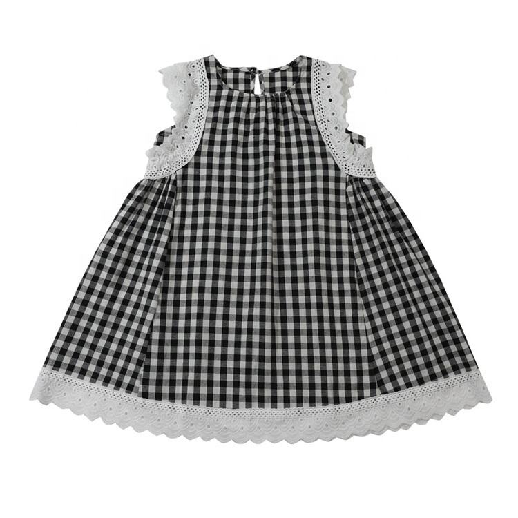 Summer Girls High Quality Black Dress Custom Children Clothing Wholesale O-neck Collar Sleeveless Lace Plaid Dress