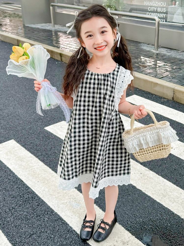 Summer Girls High Quality Black Dress Custom Children Clothing Wholesale O-neck Collar Sleeveless Lace Plaid Dress