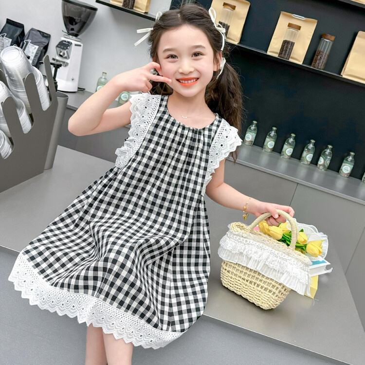 Summer Girls High Quality Black Dress Custom Children Clothing Wholesale O-neck Collar Sleeveless Lace Plaid Dress