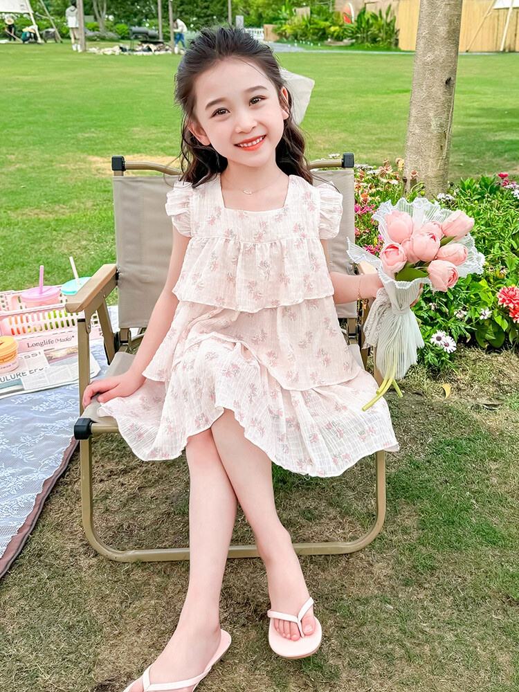 Summer Girls High Quality Floral Dress Custom Children Clothing Wholesale Square Collar Butterfly Sleeve Sleeveless Floral Dress