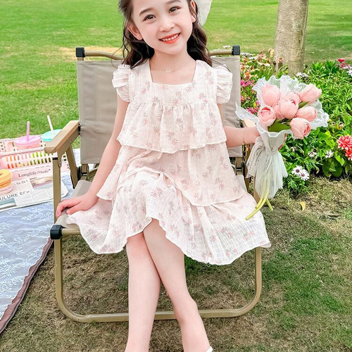 Summer Girls High Quality Floral Dress Custom Children Clothing Wholesale Square Collar Butterfly Sleeve Sleeveless Floral Dress