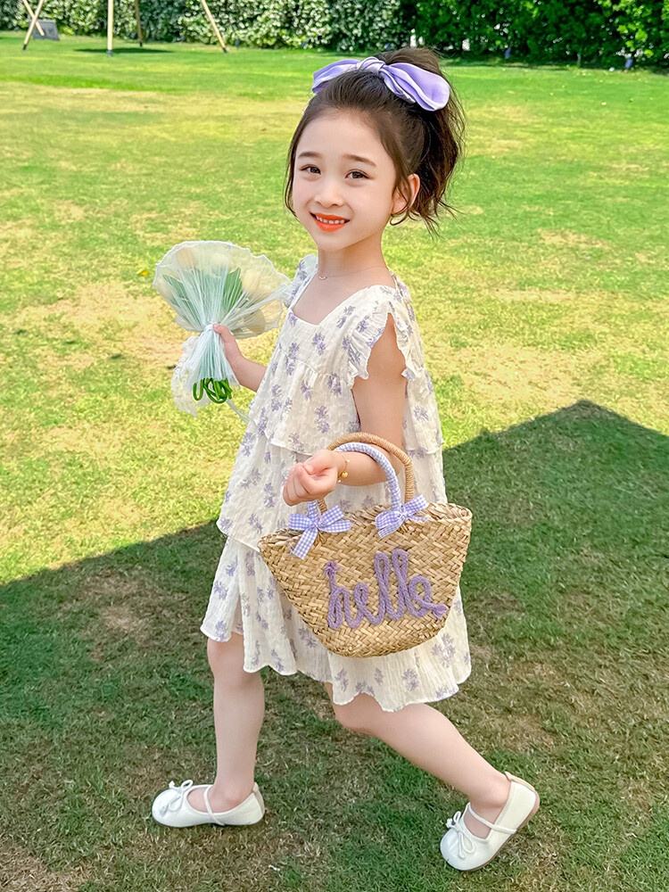 Summer Girls High Quality Floral Dress Custom Children Clothing Wholesale Square Collar Butterfly Sleeve Sleeveless Floral Dress