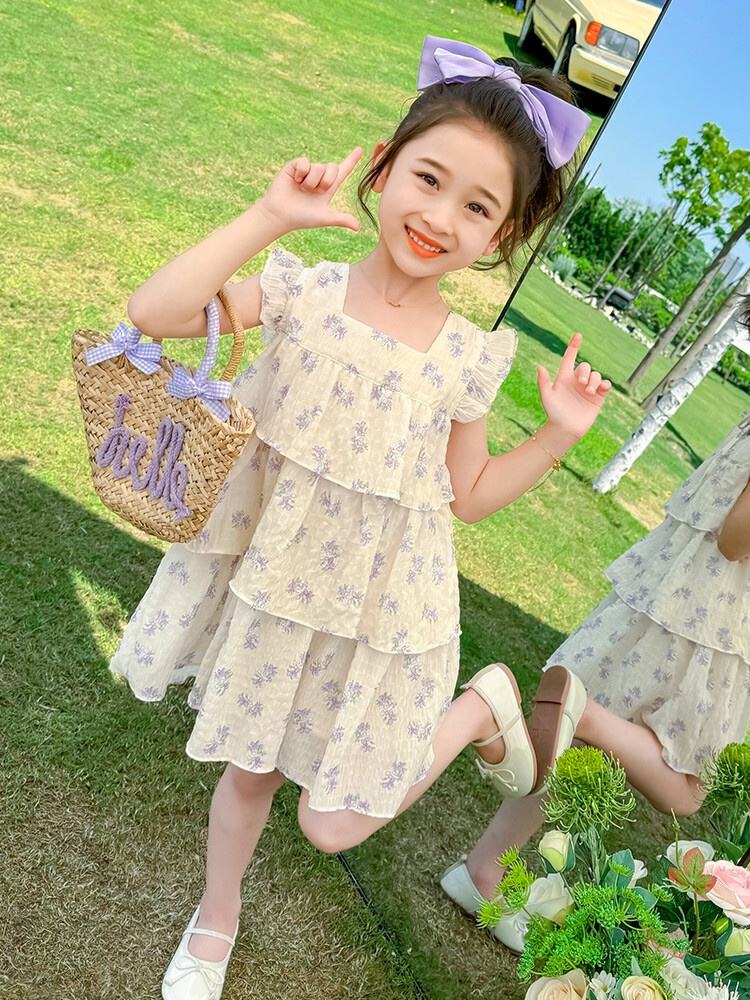 Summer Girls High Quality Floral Dress Custom Children Clothing Wholesale Square Collar Butterfly Sleeve Sleeveless Floral Dress