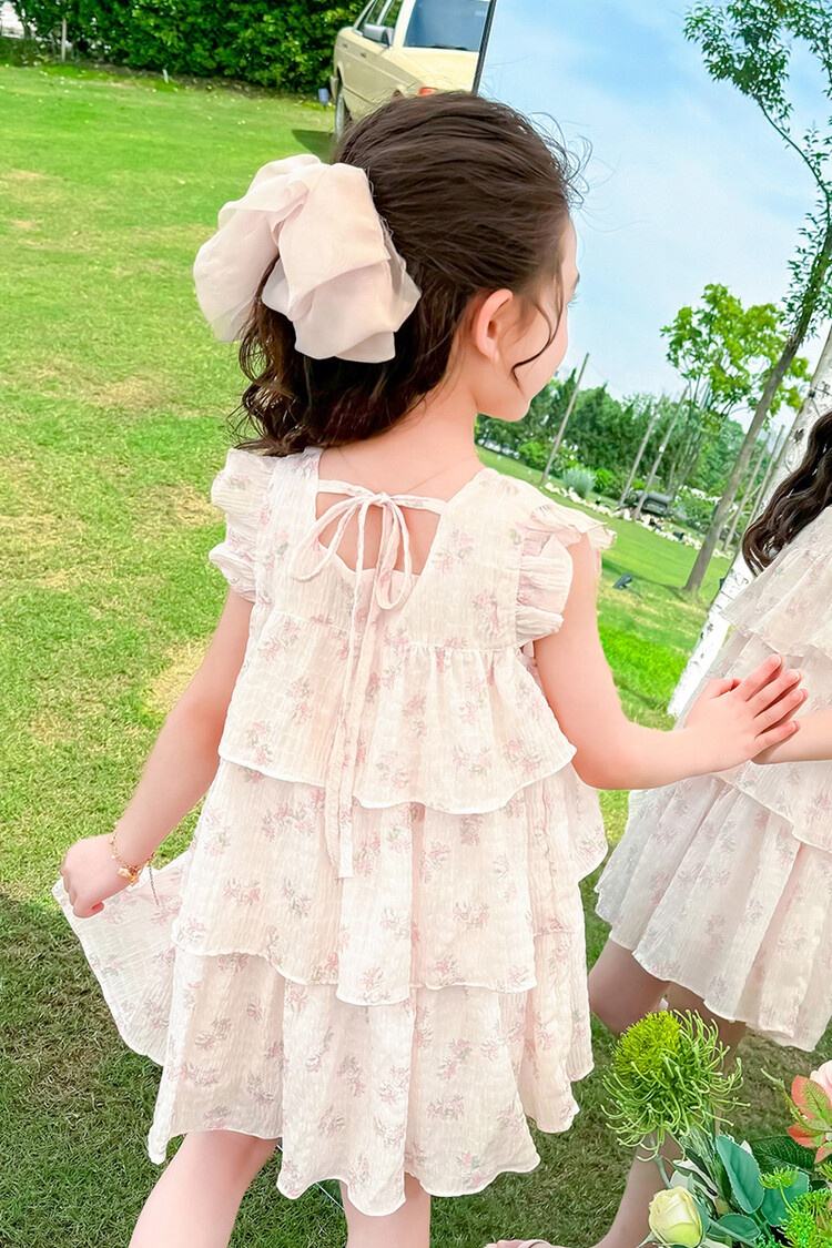 Summer Girls High Quality Floral Dress Custom Children Clothing Wholesale Square Collar Butterfly Sleeve Sleeveless Floral Dress