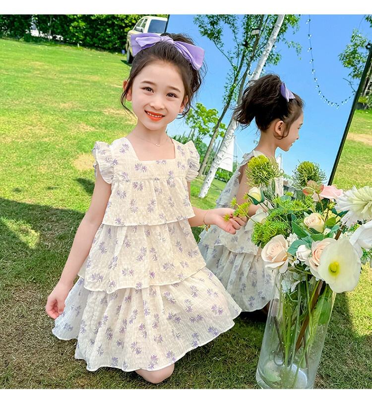 Summer Girls High Quality Floral Dress Custom Children Clothing Wholesale Square Collar Butterfly Sleeve Sleeveless Floral Dress