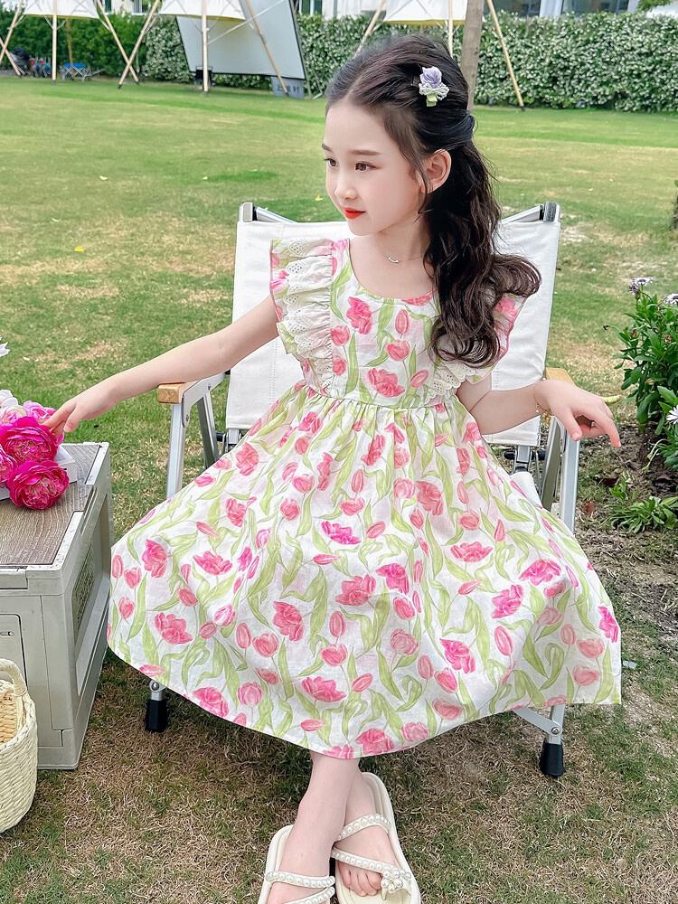 Summer Girls High Quality Floral Dress Custom Children Clothing Wholesale O-neck Collar Sleeveless Floral Dress