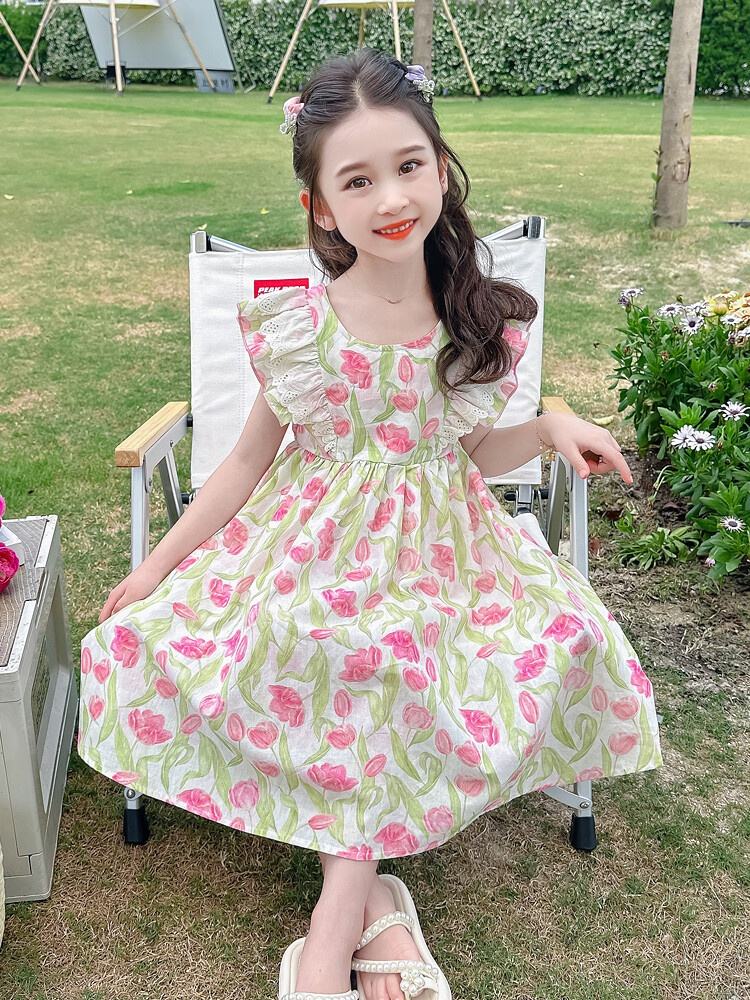 Summer Girls High Quality Floral Dress Custom Children Clothing Wholesale O-neck Collar Sleeveless Floral Dress