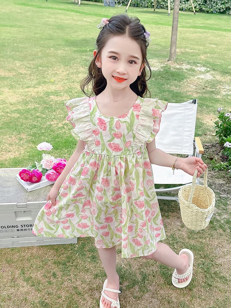 Summer Girls High Quality Floral Dress Custom Children Clothing Wholesale O-neck Collar Sleeveless Floral Dress