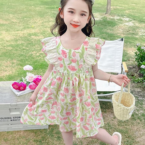 Summer Girls High Quality Floral Dress Custom Children Clothing Wholesale O-neck Collar Sleeveless Floral Dress