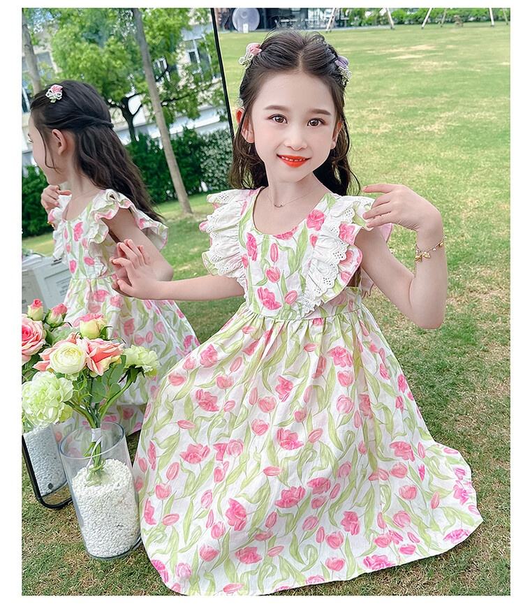 Summer Girls High Quality Floral Dress Custom Children Clothing Wholesale O-neck Collar Sleeveless Floral Dress