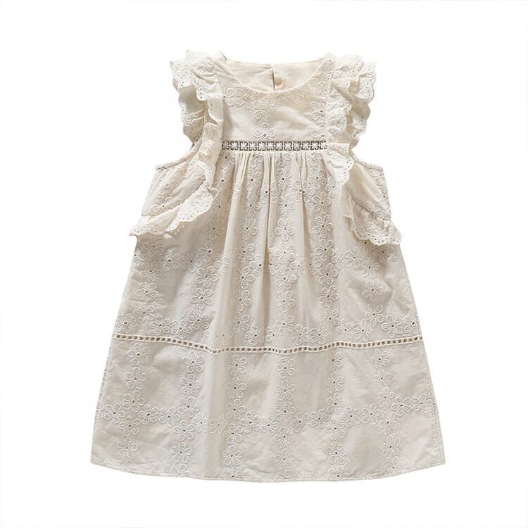 Summer Girls High Quality Solid Dress Custom Children Clothing Wholesale Sleeveless Beige Hollow-out Dress