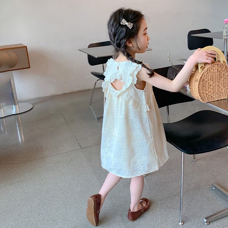 Summer Girls High Quality Solid Dress Custom Children Clothing Wholesale Sleeveless Beige Hollow-out Dress