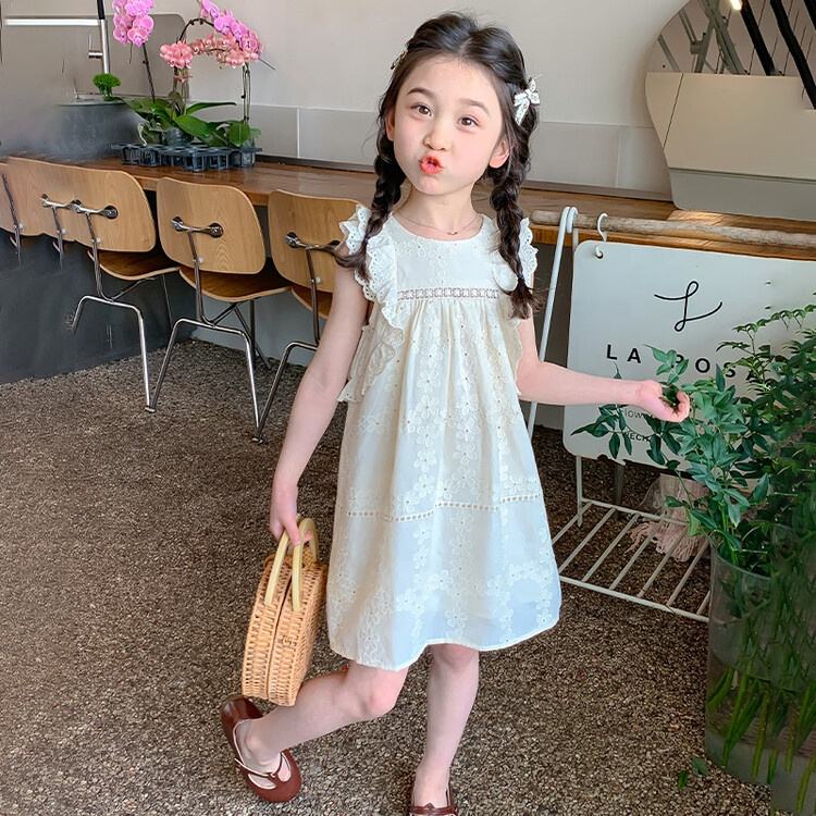 Summer Girls High Quality Solid Dress Custom Children Clothing Wholesale Sleeveless Beige Hollow-out Dress