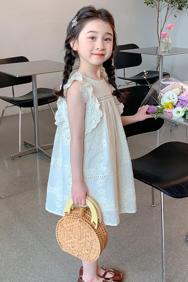 Summer Girls High Quality Solid Dress Custom Children Clothing Wholesale Sleeveless Beige Hollow-out Dress