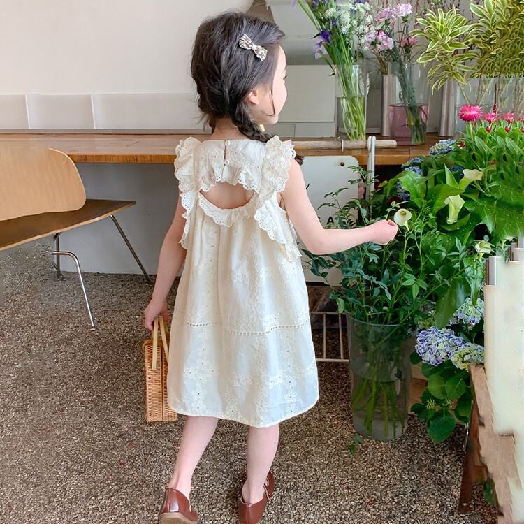 Summer Girls High Quality Solid Dress Custom Children Clothing Wholesale Sleeveless Beige Hollow-out Dress