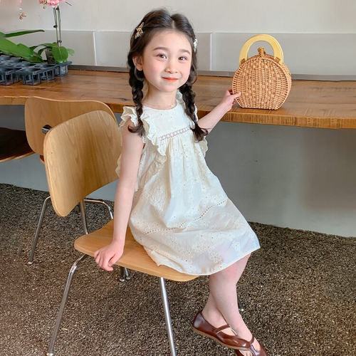 Summer Girls High Quality Solid Dress Custom Children Clothing Wholesale Sleeveless Beige Hollow-out Dress