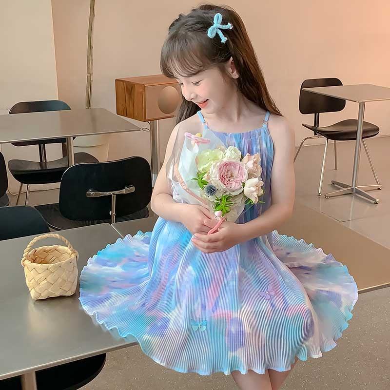 Summer Girls High Quality Solid Dress Custom Children Tassels Clothing Wholesale Sleeveless Blue Dress