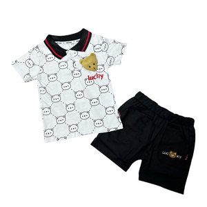 Casual Two-Piece Set for Toddler Boys Summer Short Sleeve Shirt and Shorts with Small Animal Print