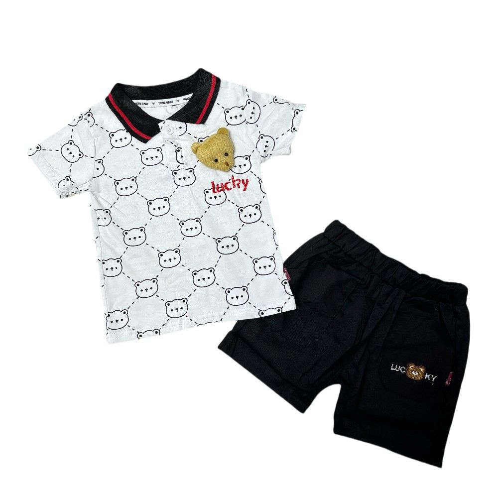 Wholesale Casual Two-Piece Set for Toddler Boys Summer Short Sleeve Shirt and Shorts with Small Animal Print