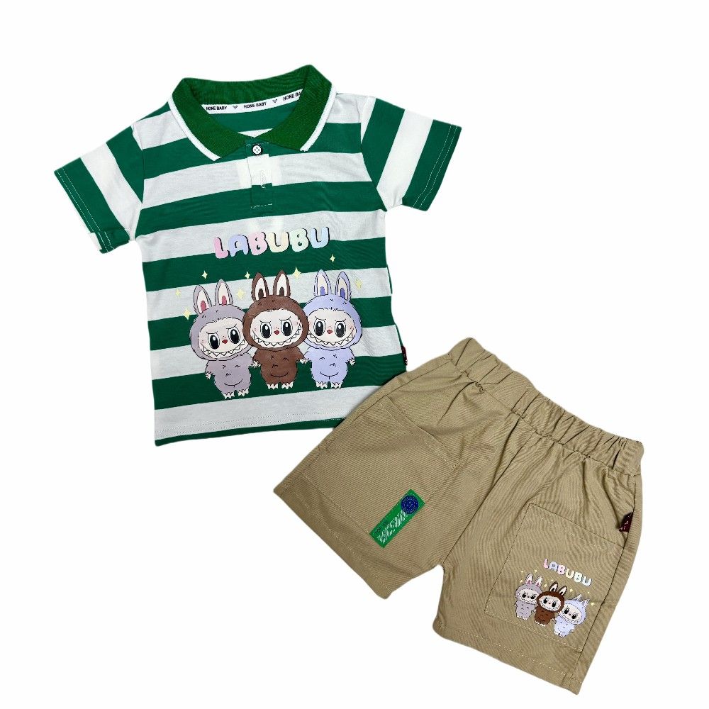 High Quality Casual Two-Piece Set for Toddler Boys Summer Short Sleeve Striped Shirt & Shorts with Small cartoon Print