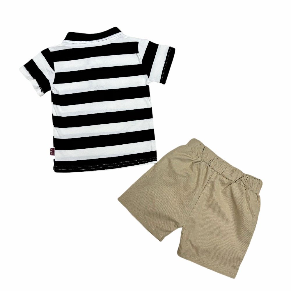 High Quality Casual Two-Piece Set for Toddler Boys Summer Short Sleeve Striped Shirt & Shorts with Small cartoon Print