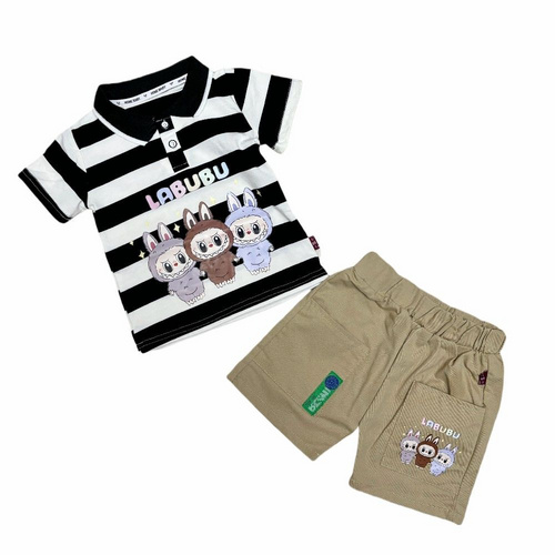 High Quality Casual Two-Piece Set for Toddler Boys Summer Short Sleeve Striped Shirt & Shorts with Small cartoon Print