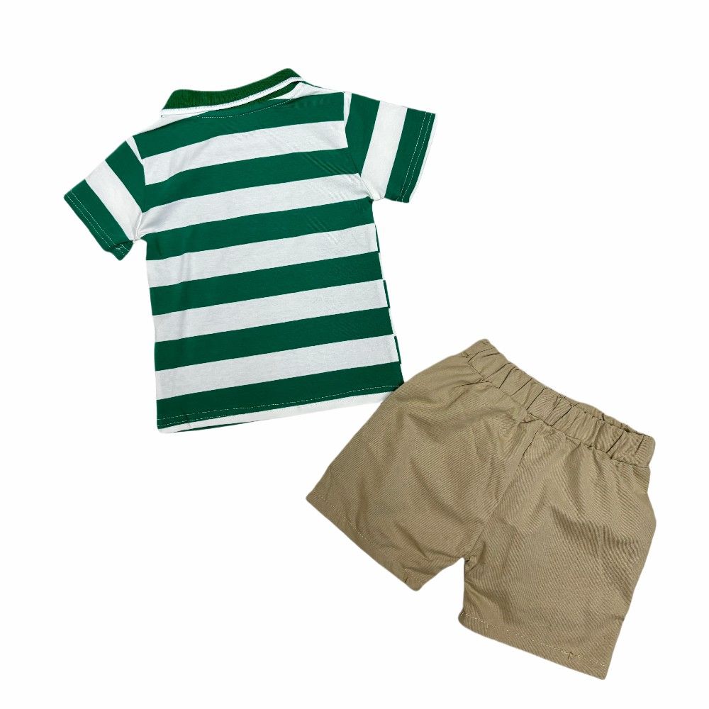 High Quality Casual Two-Piece Set for Toddler Boys Summer Short Sleeve Striped Shirt & Shorts with Small cartoon Print