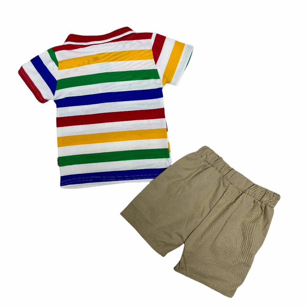 High Quality Casual Two-Piece Set for Toddler Boys Summer Short Sleeve Striped Shirt & Shorts with Small cartoon Print