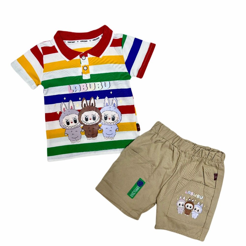 High Quality Casual Two-Piece Set for Toddler Boys Summer Short Sleeve Striped Shirt & Shorts with Small cartoon Print