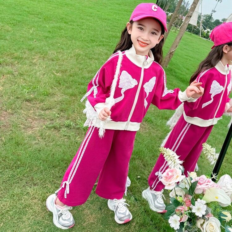 Girls' Fashionable Tracksuit Set - Cute and Comfortable Two-Piece Outfit withJacket and Pants