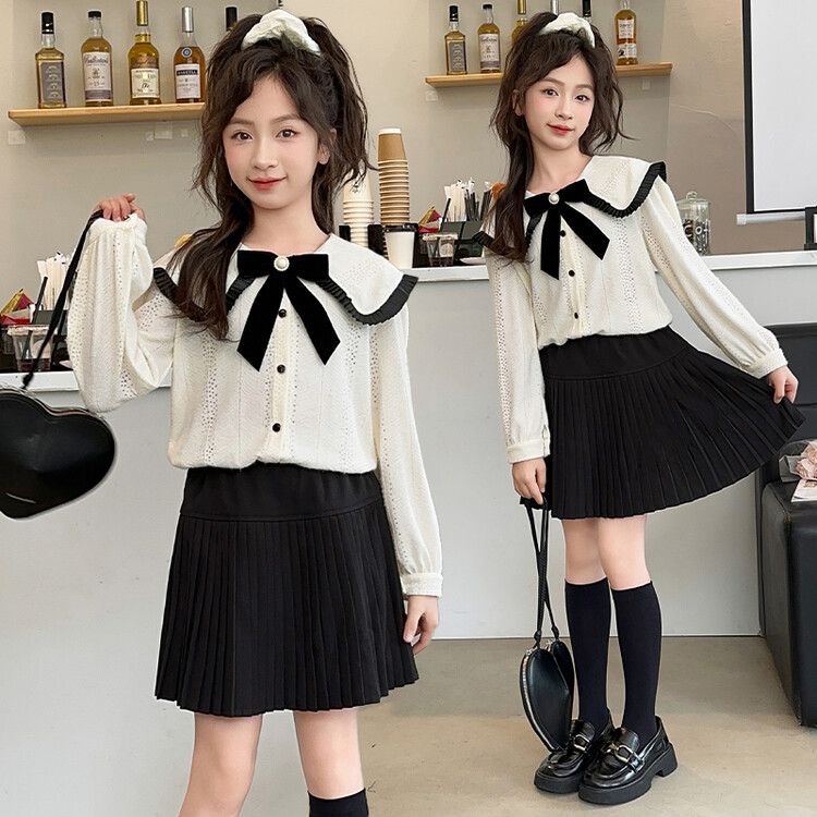 Girls' Elegant School Uniform Set - White Lace Top with Black Pleated Skirt and Bow Tie