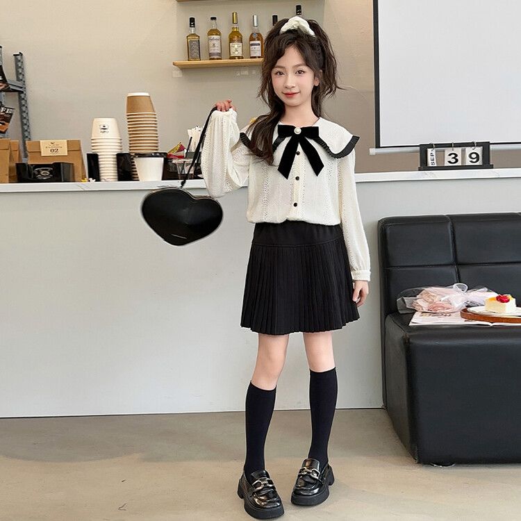 Girls' Elegant School Uniform Set - White Lace Top with Black Pleated Skirt and Bow Tie