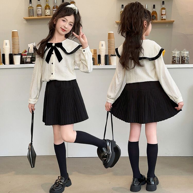 Girls' Elegant School Uniform Set - White Lace Top with Black Pleated Skirt and Bow Tie