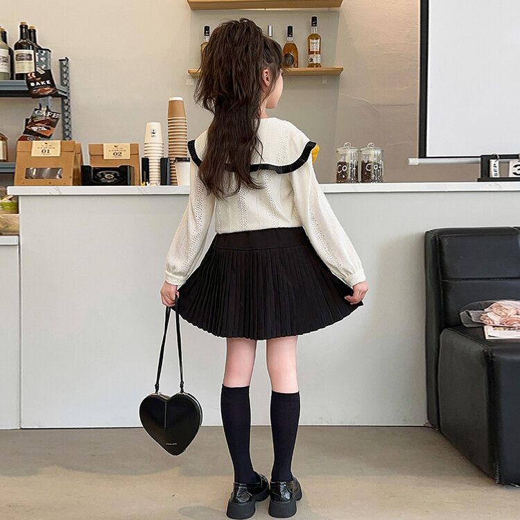 Girls' Elegant School Uniform Set - White Lace Top with Black Pleated Skirt and Bow Tie