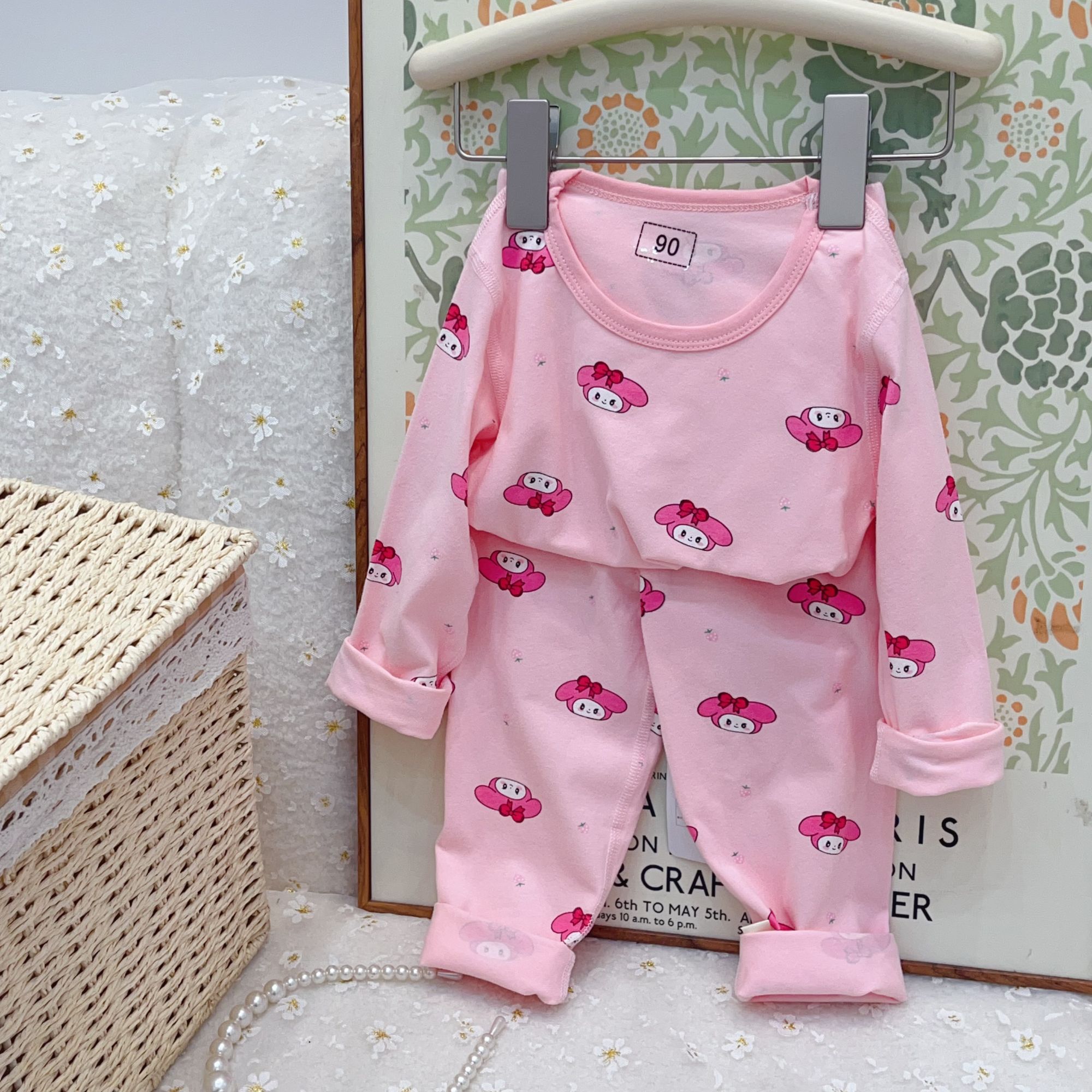 Children's fashion casual suit Boys girls home wear two-piece set flower print cute cartoon print