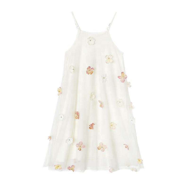 66595 Summer Girls High Quality Flowers Dress Custom Children Clothing Wholesale Sleeveless Beige Floral Dress