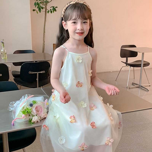 66595 Summer Girls High Quality Flowers Dress Custom Children Clothing Wholesale Sleeveless Beige Floral Dress